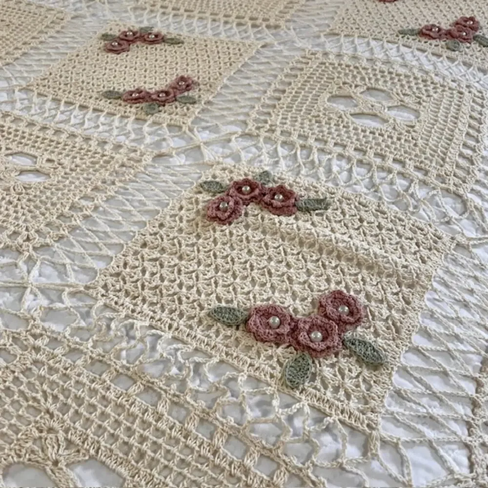 Hand Crocheted Bedspread Floral Applique King 95x83 Cottagecore Girls Bedroom
